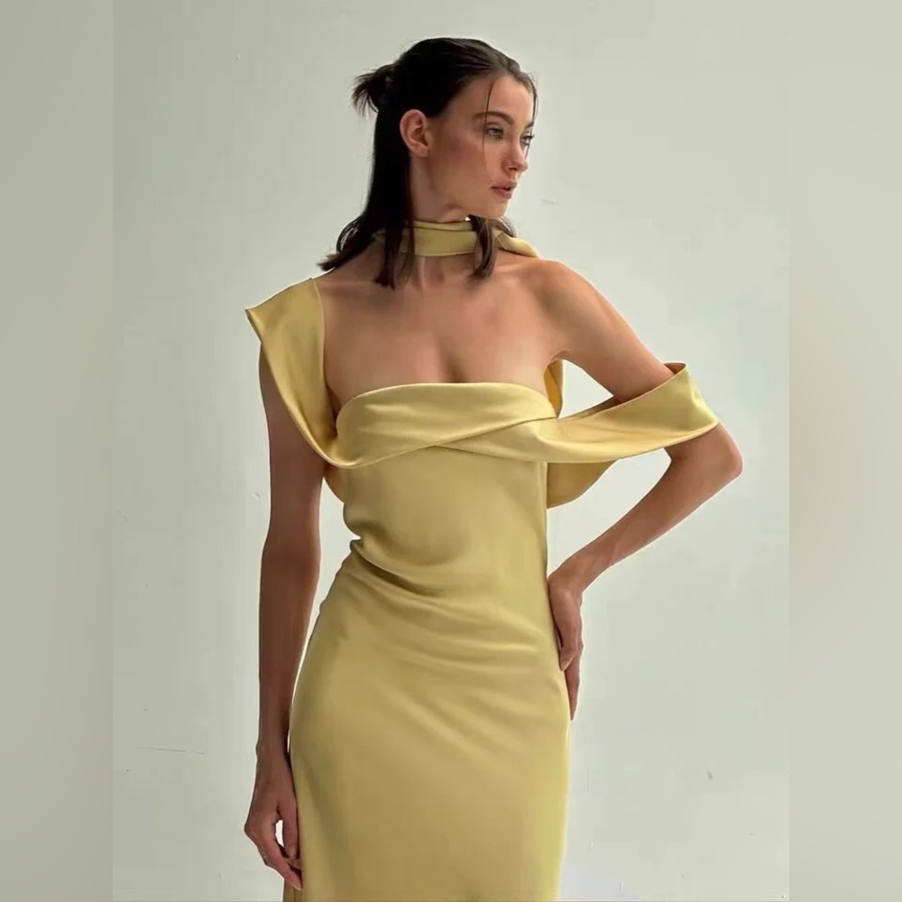 Fabrique.co Thai brand Pierre Scarf off shoulder Dress in honey gold, size small